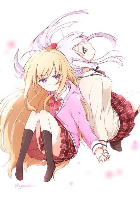 Safebooru 2girls Ahoge Back To Back Bafarin Black Legwear Blonde Hair