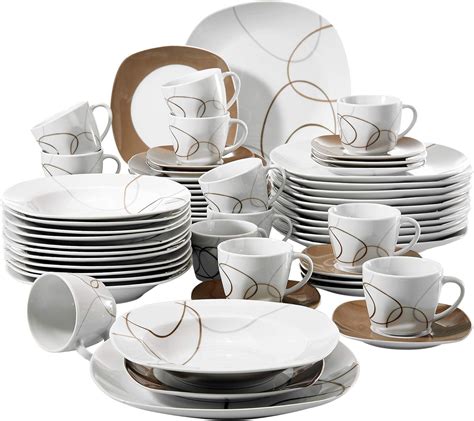 Amazon Veweet Dinner Set Piece Ivory White Brown Lines