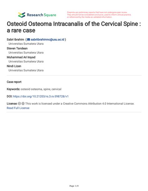 Pdf Osteoid Osteoma Intracanalis Of The Cervical Spine A Rare Case