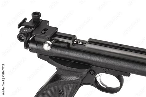 Modern sport air pistol with mechanical sight isolate on white back ...