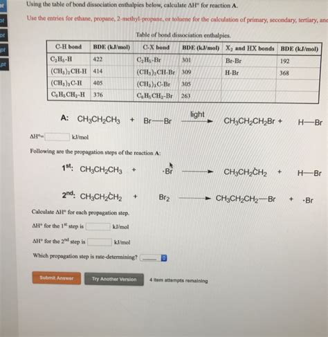 Solved Ot Using The Table Of Bond Dissociation Enthalpies Chegg