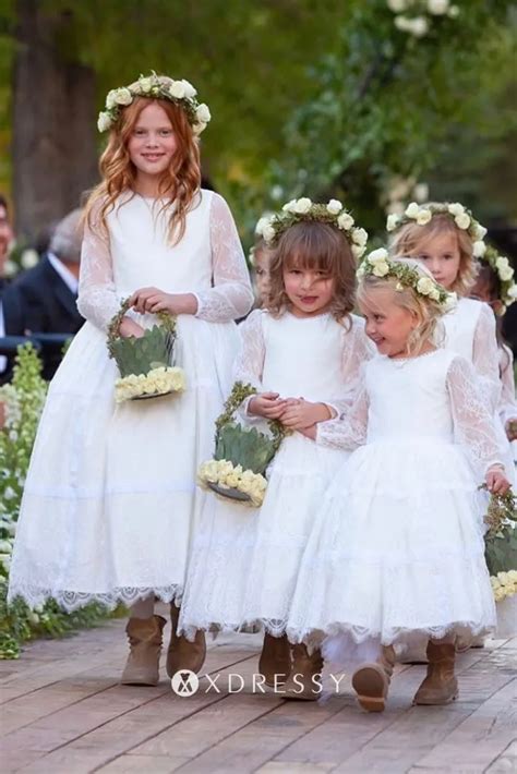 Long Sleeve White Lace And Satin Flower Girl Dress Xdressy