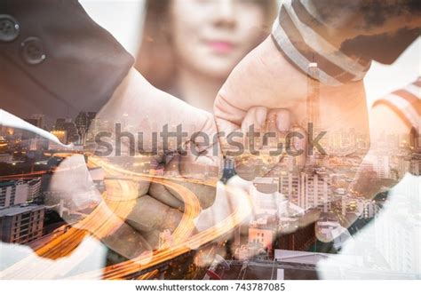 Businessman Fist Bump City Background Double Stock Photo