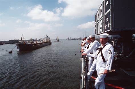 Sailors At The Rail Of The Us Navy Usn Amphibious Command Ship Uss