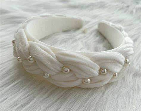 Padded Velvet Pearl Headband Plush Vintage Hair Band White Black Red