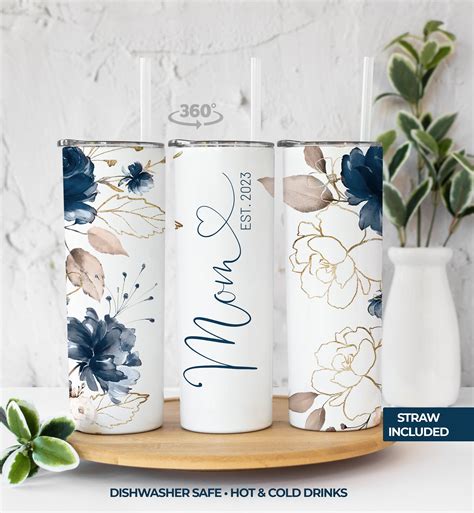 Personalized Blue Floral Tumbler T For Mom T For Her Floral