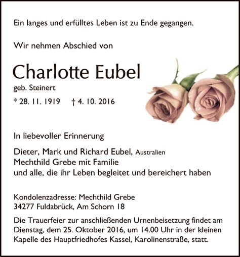 Traueranzeigen Von Charlotte Eubel Trauer HNA De