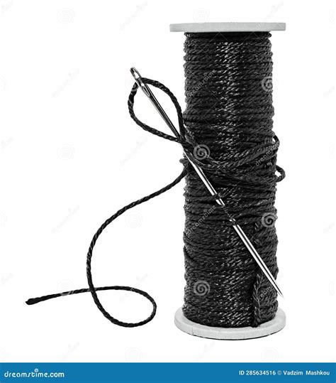 Plastic Spool with Black Synthetic Threads Close-up. Needle and Thread ...