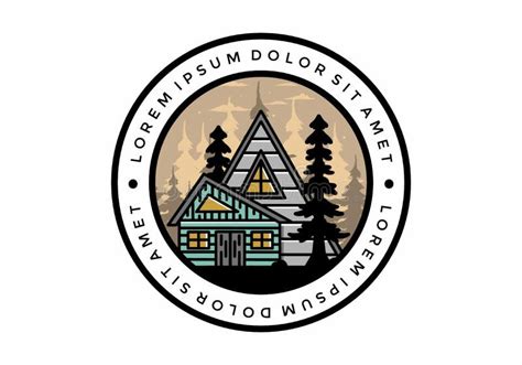 Aesthetic Wood House Between Two Pine Tree Illustration Badge Design