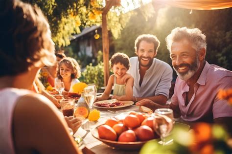 Familia Feliz Celebrando En La Fiesta De Verano Al Aire Libre Grupo De