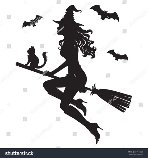 Vektor Stok Beautiful Silhouette Witch On Broom Tanpa Royalti