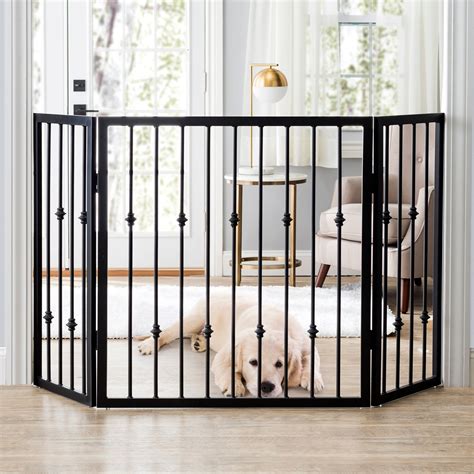 Stylish Freestanding Indoor Dog Gate Barrier. 36" - 56" Wide. Black Iron Metal, Free Standing ...