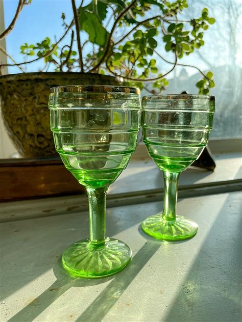 Vintage 1930s Set Of 2 Anchor Hocking Uranium Glass Block Optic Green Cordial Antique Price