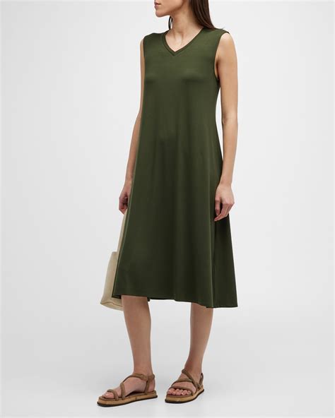 Vince Pleated Double V Neck Sleeveless Midi Dress Neiman Marcus