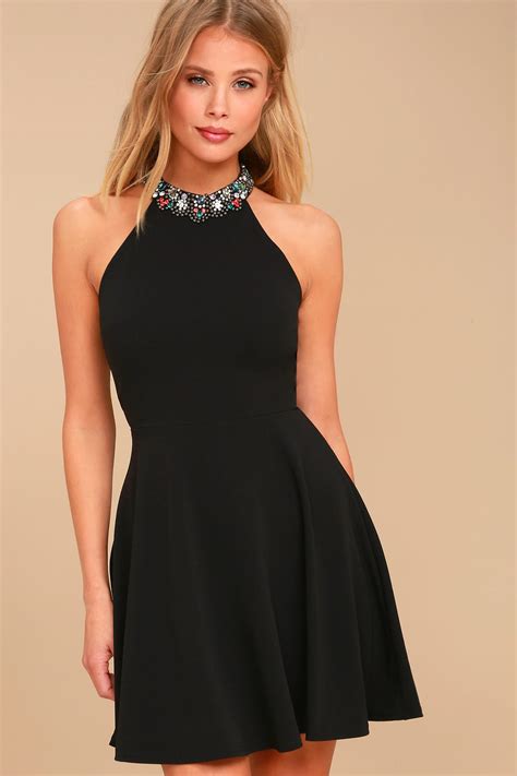 Cute Black Skater Dress Rhinestone Dress Halter Dress Lulus