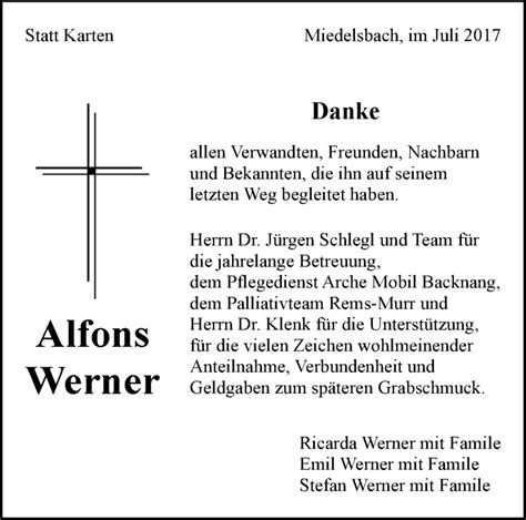 Traueranzeigen Von Alfons Werner Zvw Trauer