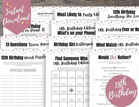 13th Birthday Party Games Bundle For Her 13th Birthday Games Etsy