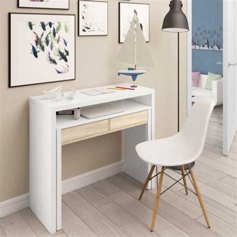 Console bureau extensible Blanc Chêne clair NIAL Blanc Bois L