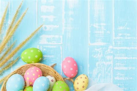 Premium Photo Colorful Of Easter Eggs In Nest With Flower On Blue And