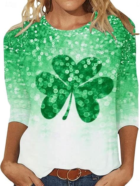St. Patrick's Day Women's T shirt Crew Neck Long Sleeve Tunic Daily Casual Green Summer 2026 ...