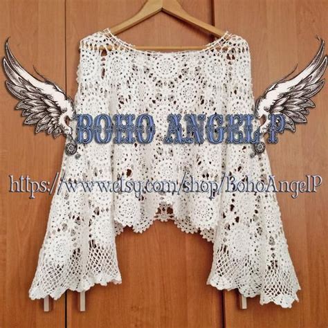 Cropped Crochet Boho Top Long Bell Sleeves Blouse Tunic Lace Etsy