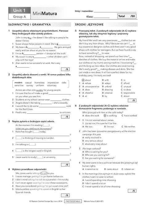 Unit Mini Matura Group A Pearson Central Europe Sp Z O