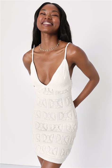 Ivory Crochet Dress Mini Bodycon Dress Knit Mini Dress Lulus