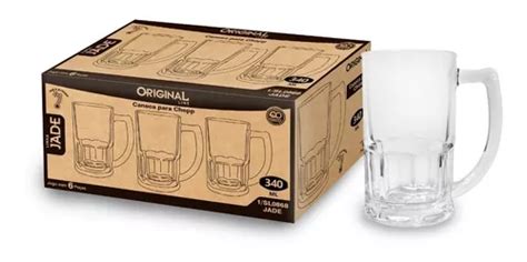 Jogo De 6 Canecas Chopp Vidro Copos Cerveja Festa 340ml Original Line