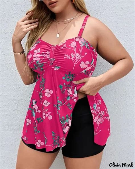 Olivia Mark Plus Size Floral Print Drawstring Tankini Swimwear Set