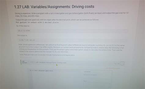 Lab Variables Assignments Driving Costs Chegg