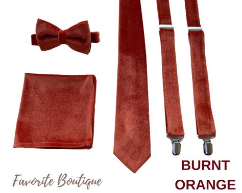 Rustic Velvet Groomsmen Set In Burnt Orange Mens Tie Bow Tie And Pocket Square Wedding Neckwear