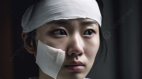 Korean Young Woman With Bandaged Face And Eye Background, A Woman With ...