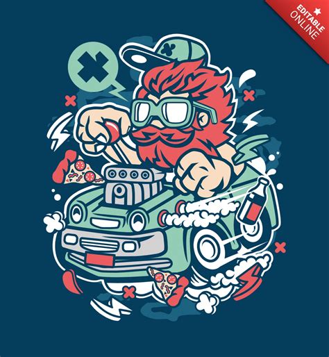 Plantilla de diseño de camiseta con personaje de dibujos animados de conductor de hot rod