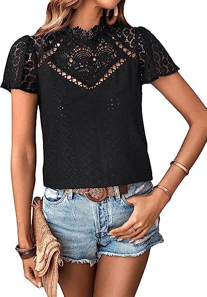 Gorglitter Damen T Shirt Stehkragen Oberteil Mit Spitzen Kurzarm Top