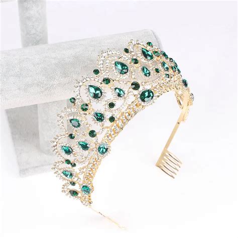 Hot Sale Grace Braut Grün Blau Kristall Strass Gold Krone Kopfschmuck