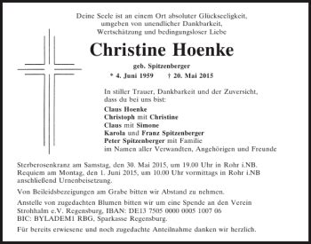 Traueranzeigen Von Christine Hoenke Mittelbayerische Trauer