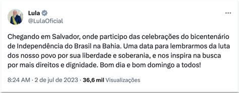 Lula chega a Salvador para bicentenário da Independência na Bahia