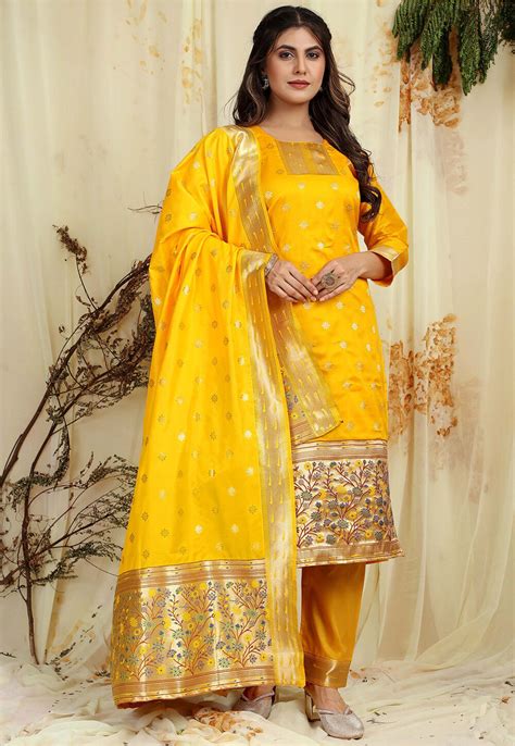 Woven Art Silk Jacquard Pakistani Suit In Mustard KBNQ4316