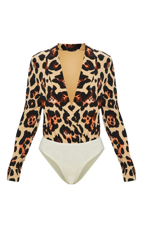 Tan Plunge Leopard Bodysuit Tops Prettylittlething