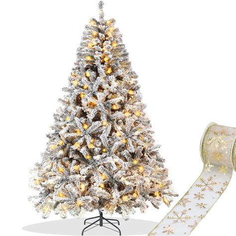 7.5ft Pre Lit Flocked Christmas Tree Artificial Xmas Tree Hinged Pine ...