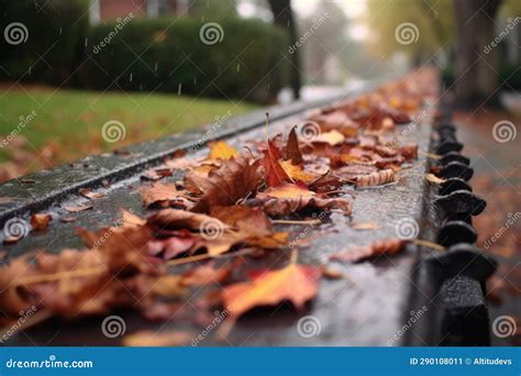 Raindrops Splashing On Fallen Leaves Stuck In A Gutter Stock Image