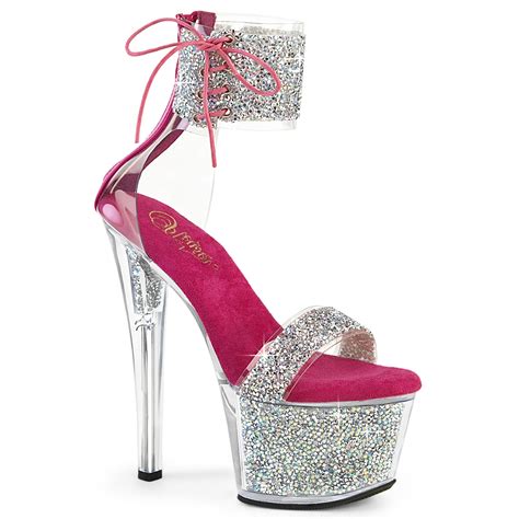 SKY 327RSI Pleaser Vegan High Heels Platform Sandal Silver Multi Rhinestones Hot Pink High