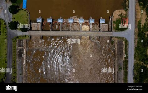 Aerial View Of The Water Released From The Concrete Dam S Drainage