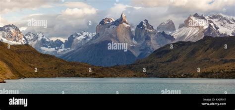 Mountain Massif Cuernos Del Paine At Sunrise Glacial Lake Lago Pehoe