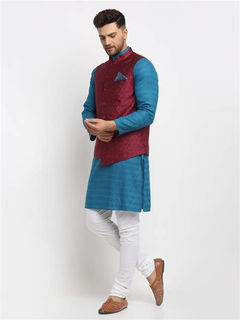 Buy Neudis Satin Nehru Jacket And Silk Blend Long Kurta Churi Pajama