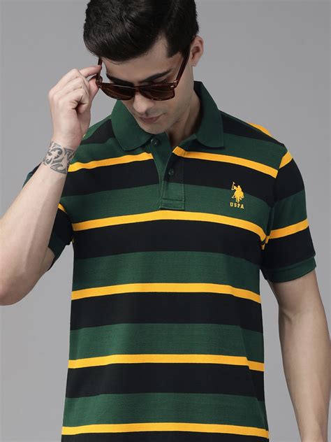 Buy U S Polo Assn Men Green Black Striped Polo Collar Slim Fit Pure