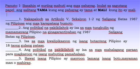 Panuto I Basahin At Suriing Mabuti Ang Mga Pahayag Isulat Sa