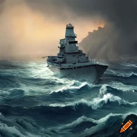 French Modern Warship In Stormy Seas Near Land On Craiyon