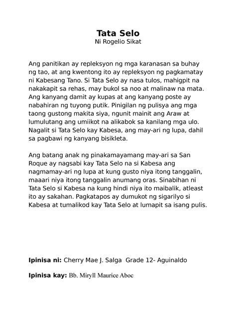 Tata Selo Buod Buod Ng Maliit Na Kwento Tata Selo Ni Rogelio Sikat