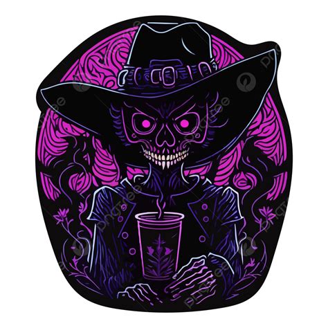 Female Halloween Cartoon Skeleton Wearing A Cowboy Hat Drinking Coffee